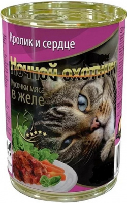 Ночной Охотник конс.  д/кошек 400 г Кролик/сердце кус. в желе