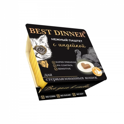 Best Dinner консервированный полнорационный корм для взрослых и стерилизованных кошек. Паштет с индейкой 100 г	