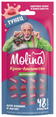 MOLINA, Функц. крем-лакомство с тунцом д/взр.кош, Здоровая кожа, густая и блестящая шерсть,48г,74075	