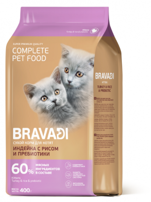 BRAVADI Акция 1+1 для котят с индейкой и говядиной 0,4кг+0,4кг