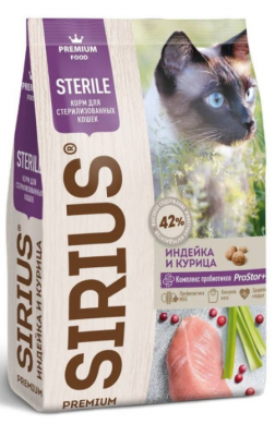 SIRIUS сух. для стерилизованных кошек Индейка и курица 1,5 кг												