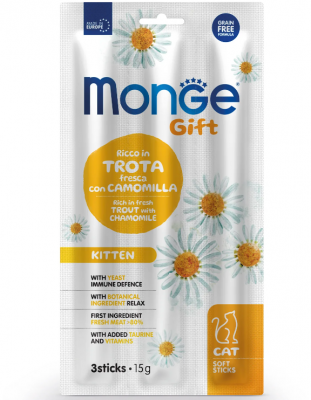 Лакомство Monge Gift Kitten для котят "Мягкие палочки" со свежей форелью и ромашкой 15 г 