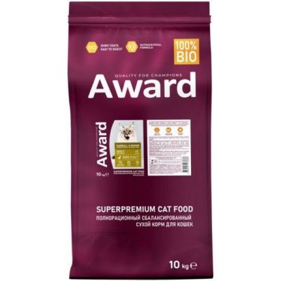 Сухой корм AWARD Hairball & Indoor для взрослых кошек для выведения шерсти с уткой и индейкой с добавлением зеленой чечевицы и Юкки Шидигера 10кг 