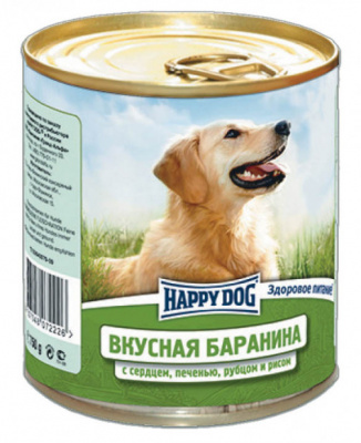 Хэппи Дог Вкусная баранина ж/б 0,75 кг с сердцем, печенью и руб. с рис