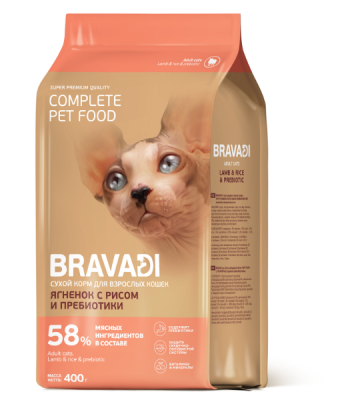 BRAVADI Акция 1+1 для взрослых кошек с индейкой, ягненком и рисом 0,4кг+0,4кг			