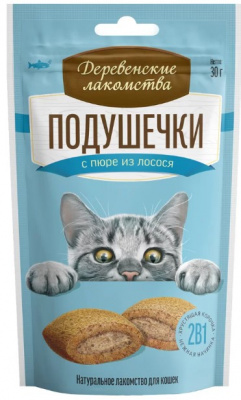Деревенские лакомства  д/кошек Подушечки с пюре из лосося 30г