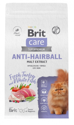 BRIT CARE, Сухой корм с белой рыбой и индейкой для взр.кошек "Cat Anti-Hairball ", 1.5 кг