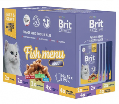 Brit Premium Особые меню  "Рыбное меню в соусе и желе" д/взр.кошек" 14штх85г	