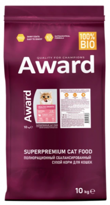 Сухой корм AWARD Healthy growth для котят от 1 месяца, беременных и кормящих кошек с индейкой и курицей с добавлением рыбьего жира и семян льна 10кг 