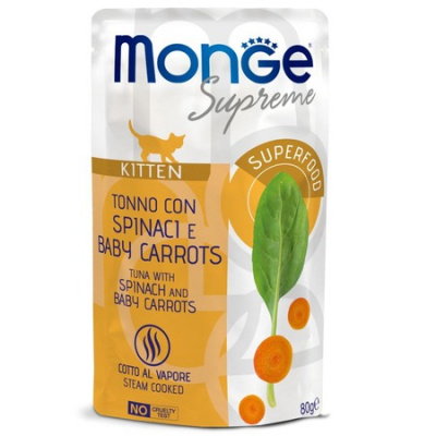 Влажный корм Monge Supreme kitten для котят из тунца со шпинатом и мини-морковью, паучи 80 г 