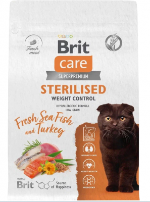 BRIT CARE,Сухой корм с морск.рыбой и инд. д/стер.кош "Cat Sterilised Weight Control", 1.5кг
