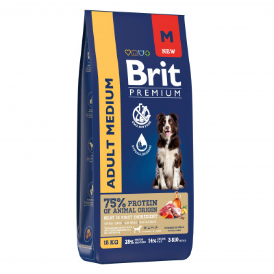 BRIT PREMIUM, Сухой корм с индейкой и телятиной для собак "Dog Adult Medium",15 кг.