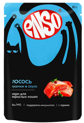 ENSO Корм влажный полнорационный для взрослых кошек, кусочки в соусе с лососем, пауч 85г
