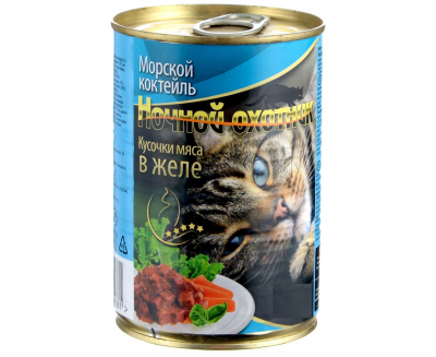 Ночной Охотник конс.  д/кошек 400 г Морской коктейль кус. в желе
