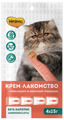 МНЯМС  крем лакомство д/кошек с тунцом кацуо и морcкими гребешаками 15 г.