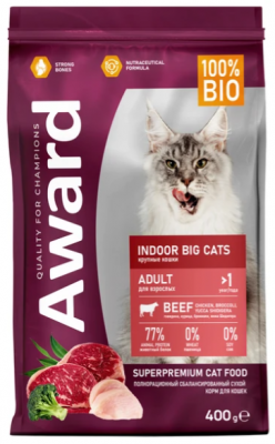 Сухой корм AWARD Indoor Big cats для взрослых домашних кошек крупных пород с говядиной и курицей с добавлением брокколи и юкки Шидигера 400г 