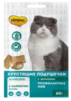 МНЯМС хрустящие подушечки для стерилизованных кошек с цыпленком и клюквой "Профилактика МКБ" NEW 60 г