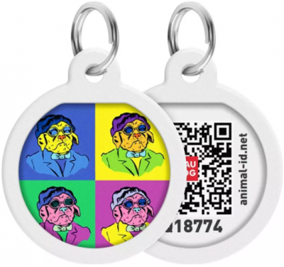 Адресник для собак и котов металлический WAUDOG Smart ID c QR паспортом, рисунок "Бульдоги", круг, Д 25 мм			